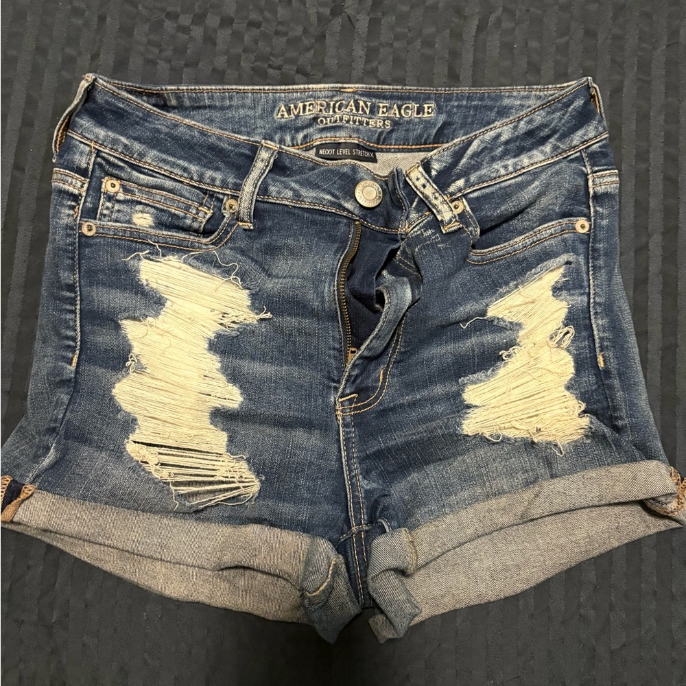 American Eagle Outfitters Dark Blue Distressed Jean Shorts